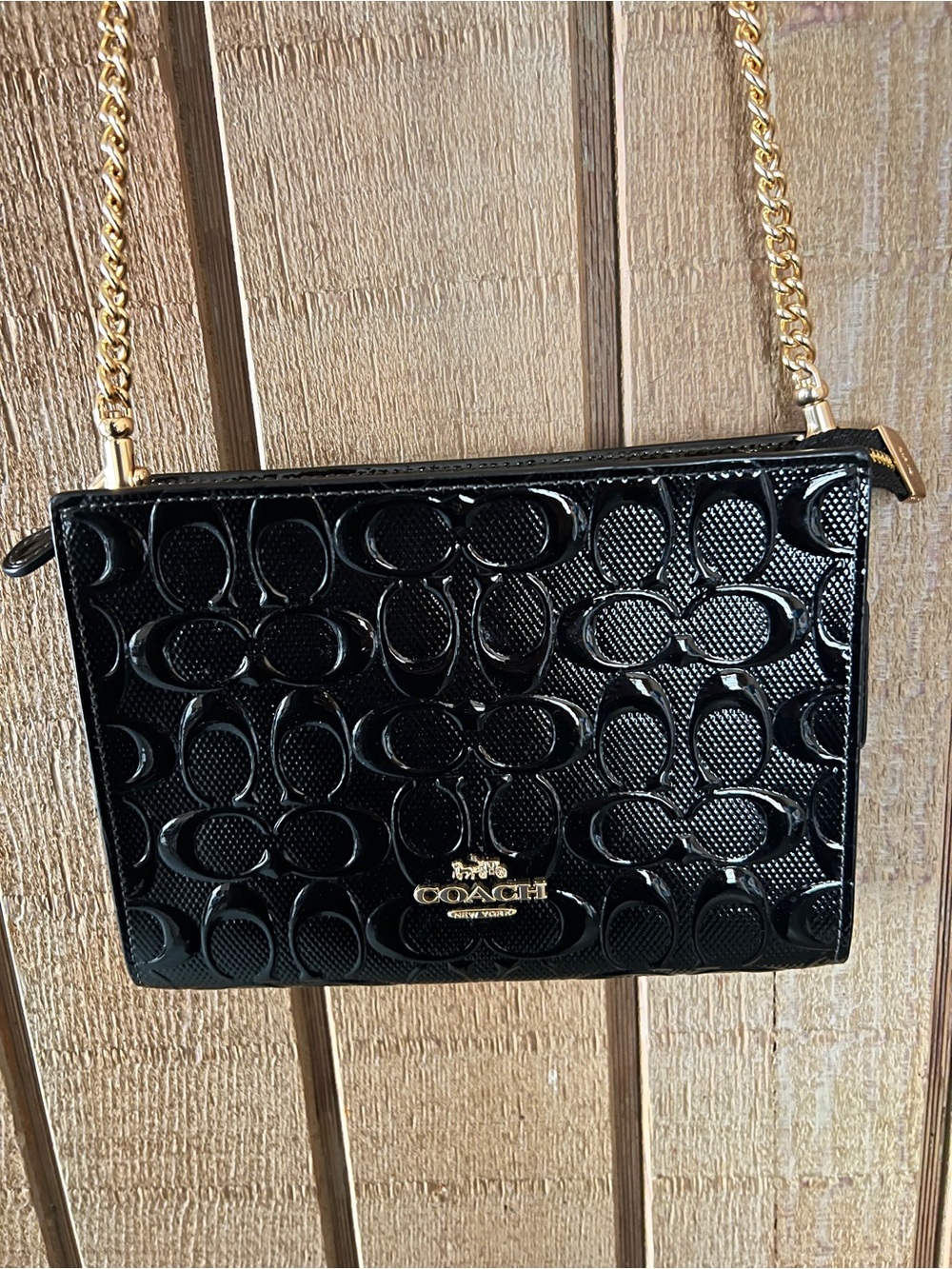 Coach Black Patent Leather Crossbody with Gold Chain Strap